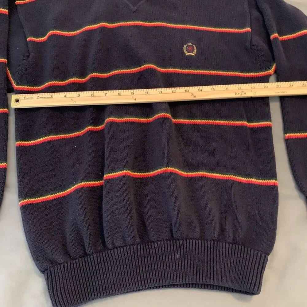 Tommy Hilfiger Sweater Mens Medium Navy Striped V Neck‎ Cotton Pullover Crest
